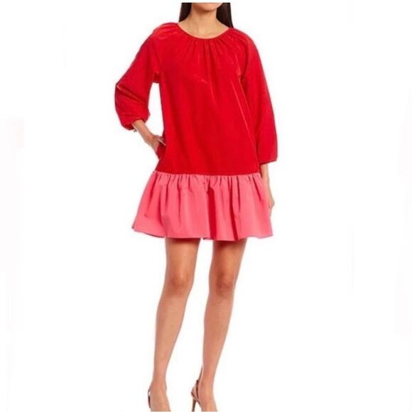 LDT Rachel Color Block Red & Pink Ruffle Hemline Party Dress Size 4 - Picture 1 of 6